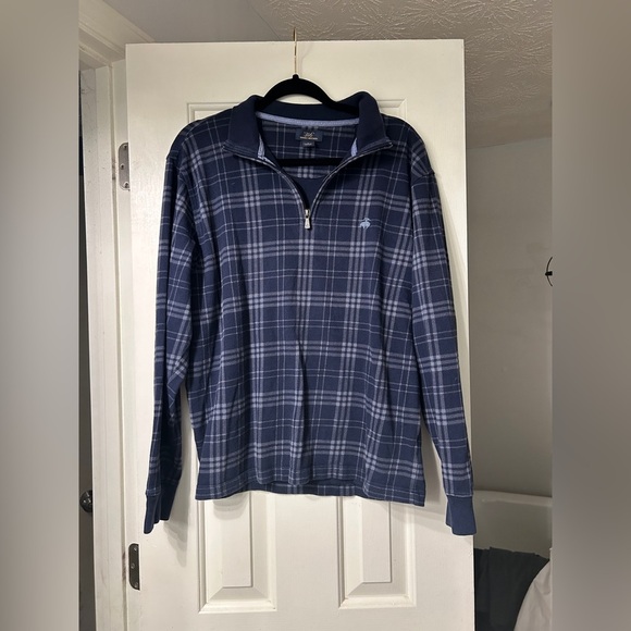 Brooks Brothers 346 Sweater Mens Large Quarter Zip Pullover Blue Plaid Preppy - Picture 1 of 4